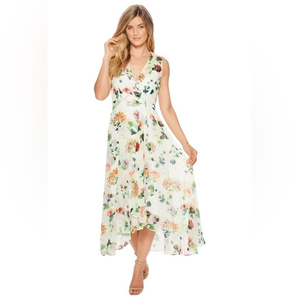 Calvin Klein Womens Floral High-Low Ruffle Faux Wrap Sleeveless Maxi Dress Sz 12